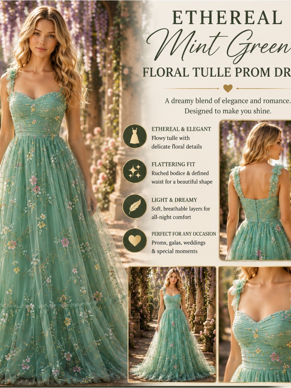 Ethereal Mint Green Floral Tulle Prom Dress